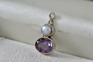 Sterling Silver Pearl Inlay Purple Oval Amethyst Drop Pendant