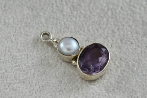 Sterling Silver Pearl Inlay Purple Oval Amethyst Drop Pendant