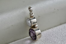 Load image into Gallery viewer, Sterling Silver Pearl Inlay Purple Oval Amethyst Drop Pendant
