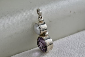 Sterling Silver Pearl Inlay Purple Oval Amethyst Drop Pendant