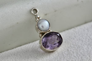 Sterling Silver Pearl Inlay Purple Oval Amethyst Drop Pendant