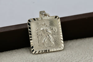 Sterling Silver St. Christopher "Protect Us" Etched Square Charm Pendant