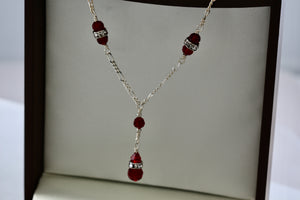 Sterling Silver CZ Diamonds Red Glass Beads Dangle Drop 16" Necklace