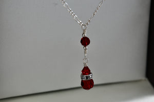 Sterling Silver CZ Diamonds Red Glass Beads Dangle Drop 16" Necklace