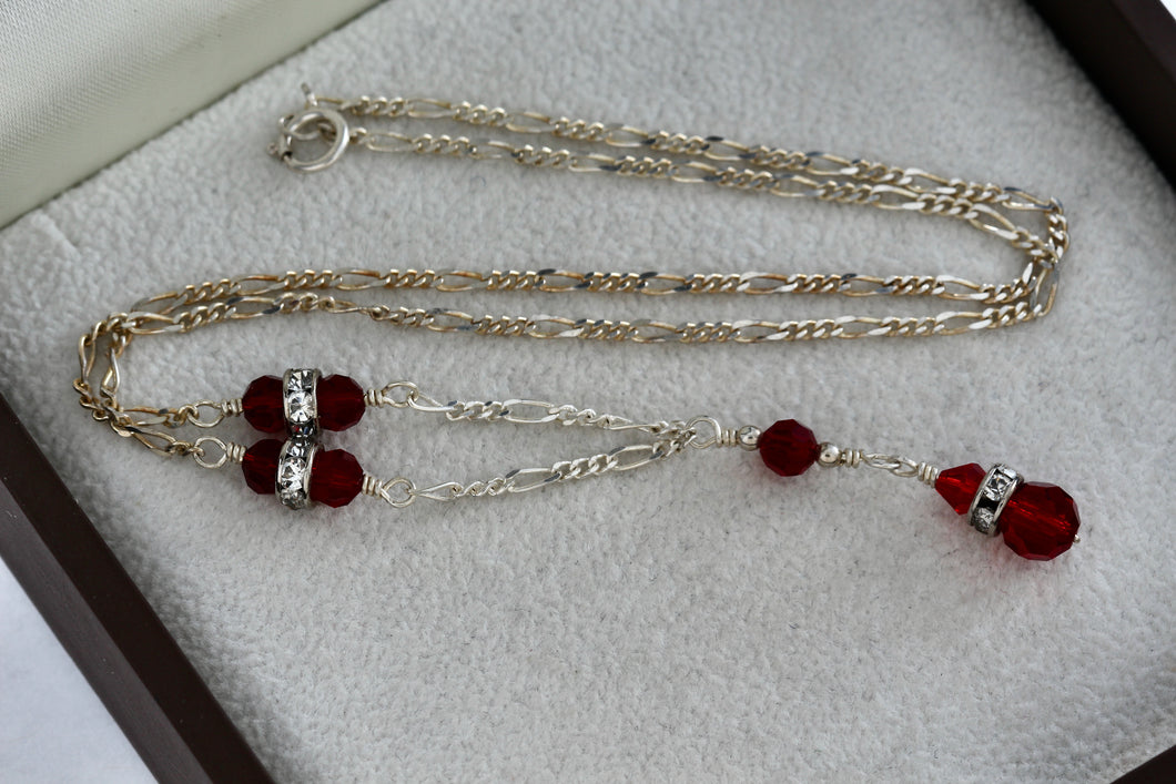 Sterling Silver CZ Diamonds Red Glass Beads Dangle Drop 16