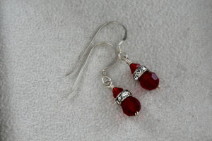 Sterling Silver CZ Diamonds Red Glass Beads Dangle Hook Earrings