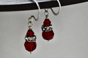 Sterling Silver CZ Diamonds Red Glass Beads Dangle Hook Earrings