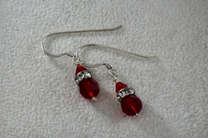 Sterling Silver CZ Diamonds Red Glass Beads Dangle Hook Earrings