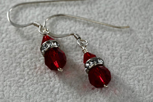 Sterling Silver CZ Diamonds Red Glass Beads Dangle Hook Earrings