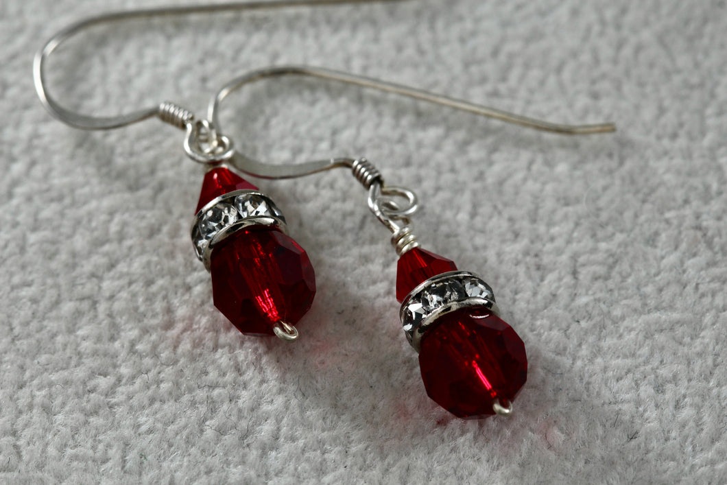 Sterling Silver CZ Diamonds Red Glass Beads Dangle Hook Earrings