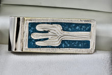 Load image into Gallery viewer, Vintage Mens Cactus Turquoise Inlay Design Nickel Silver Money Clip
