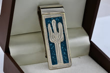 Load image into Gallery viewer, Vintage Mens Cactus Turquoise Inlay Design Nickel Silver Money Clip
