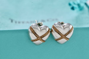 Tiffany & Co. 18K Gold Twist Rope "X" Puffy Heart Stud Earrings