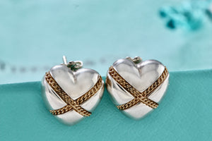 Tiffany & Co. 18K Gold Twist Rope "X" Puffy Heart Stud Earrings