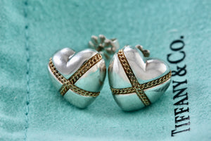 Tiffany & Co. 18K Gold Twist Rope "X" Puffy Heart Stud Earrings