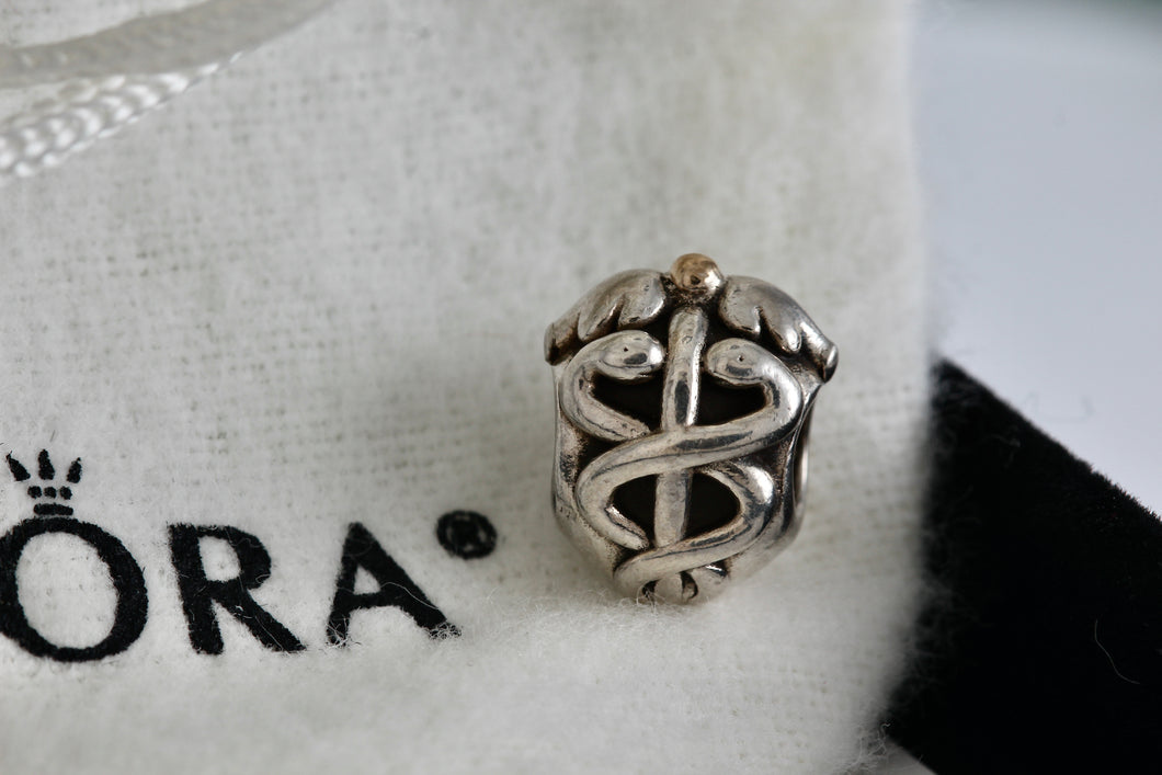 Pandora Sterling Silver Caduceus 14Kt Gold Accent Bead Charm Bead