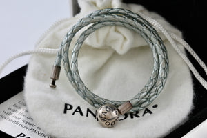 Pandora Silver Gray Braided Double-Leather Charm 15" Dual Bracelet/Necklace