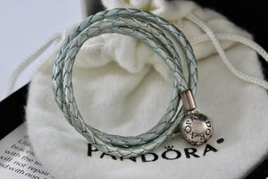 Pandora Silver Gray Braided Double-Leather Charm 15" Dual Bracelet/Necklace