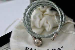 Pandora Silver Gray Braided Double-Leather Charm 15" Dual Bracelet/Necklace