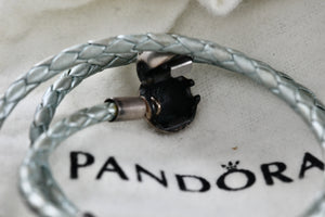 Pandora Silver Gray Braided Double-Leather Charm 15" Dual Bracelet/Necklace