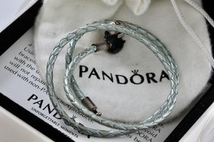 Pandora Silver Gray Braided Double-Leather Charm 15" Dual Bracelet/Necklace