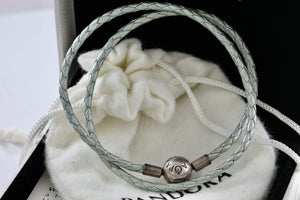 Pandora Silver Gray Braided Double-Leather Charm 15" Dual Bracelet/Necklace