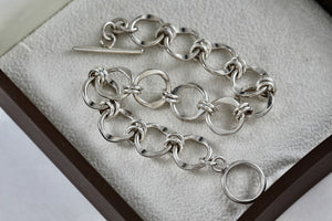 Sterling Silver Interlocking Wavy Circle Links Toggle 7.5" Bracelet