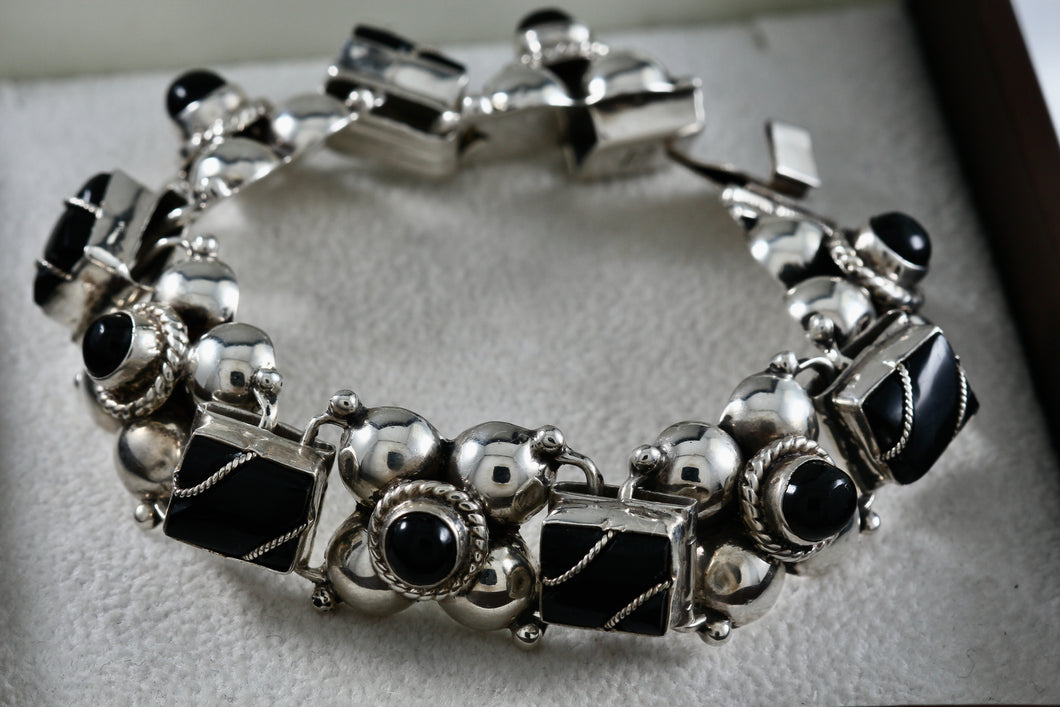 Mexico Silver Twist Rope Wrapped Rectangle Black Onyx Bead Link Clasp 7