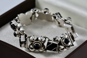 Mexico Silver Twist Rope Wrapped Rectangle Black Onyx Bead Link Clasp 7" Bracelet