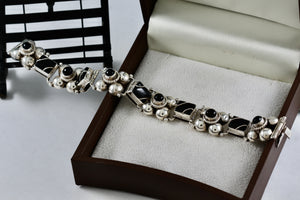 Mexico Silver Twist Rope Wrapped Rectangle Black Onyx Bead Link Clasp 7" Bracelet