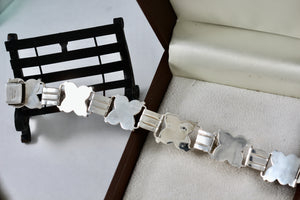 Mexico Silver Twist Rope Wrapped Rectangle Black Onyx Bead Link Clasp 7" Bracelet