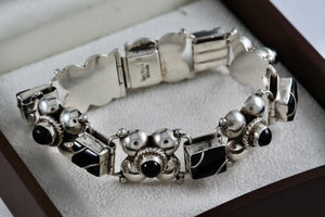 Mexico Silver Twist Rope Wrapped Rectangle Black Onyx Bead Link Clasp 7" Bracelet