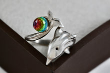 Load image into Gallery viewer, Shube&#39;s Dakota West Silver Dolphin Colorful Glass Disco Ball Bead Tail Ring Size 7
