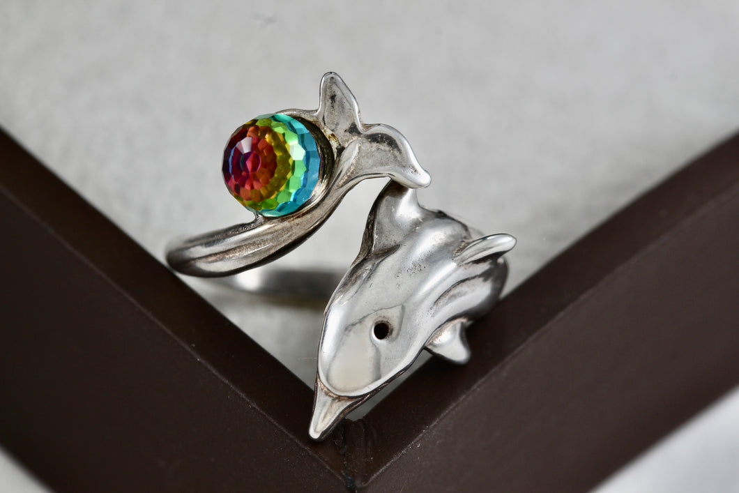 Shube's Dakota West Silver Dolphin Colorful Glass Disco Ball Bead Tail Ring Size 7