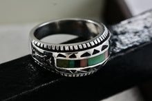 Load image into Gallery viewer, Native American Carol Felley Turquoise, Onyx, Quartz Ect.. Inlay Silver Mens Ring Size 9
