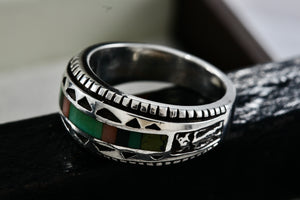 Native American Carol Felley Turquoise, Onyx, Quartz Ect.. Inlay Silver Mens Ring Size 9