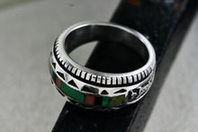 Load image into Gallery viewer, Native American Carol Felley Turquoise, Onyx, Quartz Ect.. Inlay Silver Mens Ring Size 9
