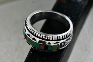 Native American Carol Felley Turquoise, Onyx, Quartz Ect.. Inlay Silver Mens Ring Size 9