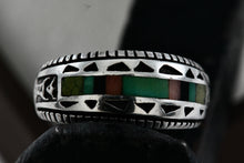 Load image into Gallery viewer, Native American Carol Felley Turquoise, Onyx, Quartz Ect.. Inlay Silver Mens Ring Size 9
