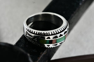 Native American Carol Felley Turquoise, Onyx, Quartz Ect.. Inlay Silver Mens Ring Size 9