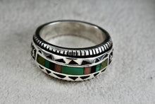 Load image into Gallery viewer, Native American Carol Felley Turquoise, Onyx, Quartz Ect.. Inlay Silver Mens Ring Size 9
