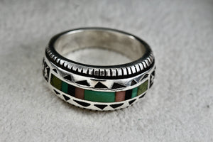 Native American Carol Felley Turquoise, Onyx, Quartz Ect.. Inlay Silver Mens Ring Size 9