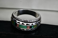 Load image into Gallery viewer, Native American Carol Felley Turquoise, Onyx, Quartz Ect.. Inlay Silver Mens Ring Size 9
