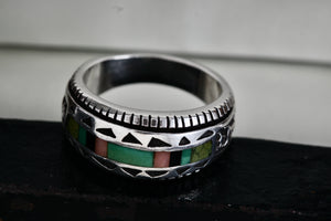 Native American Carol Felley Turquoise, Onyx, Quartz Ect.. Inlay Silver Mens Ring Size 9