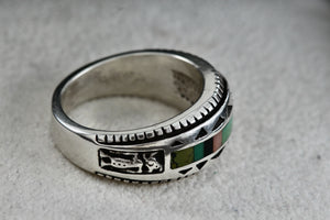 Native American Carol Felley Turquoise, Onyx, Quartz Ect.. Inlay Silver Mens Ring Size 9