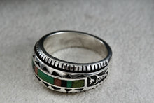 Load image into Gallery viewer, Native American Carol Felley Turquoise, Onyx, Quartz Ect.. Inlay Silver Mens Ring Size 9
