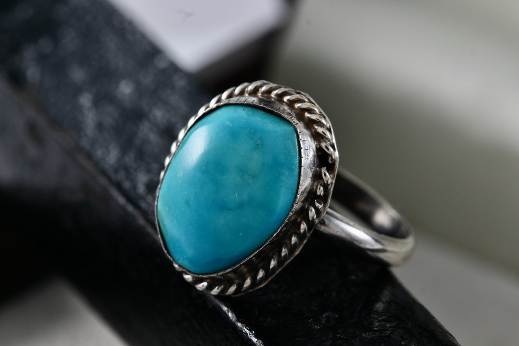 Native American Silver Handmade Polished Turquoise Pebble Ring Size 6.5