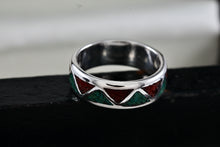 Load image into Gallery viewer, Native American Men&#39;s Silver Turquoise &amp; Red Coral Chip ZigZag Inlay Ring Size 9
