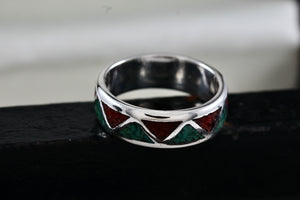 Native American Men's Silver Turquoise & Red Coral Chip ZigZag Inlay Ring Size 9