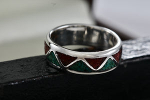 Native American Men's Silver Turquoise & Red Coral Chip ZigZag Inlay Ring Size 9